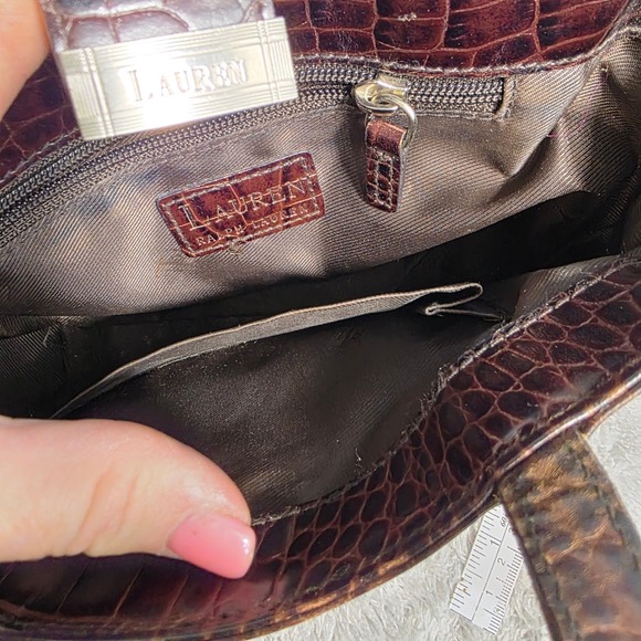 VTG Lauren Ralph Lauren Mini Purse Tote Bag Brown Croc Embossed Leather Small - Picture 7 of 12